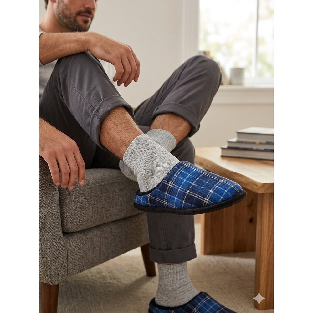 Club Room Mens Blue Plaid Scuff Slippers Indoor Outdoor Sole Small 6-7‎ NEW